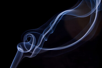 Delicate spiral of bluish smoke trailing into darkness, ideal for artistic, musical, or design...