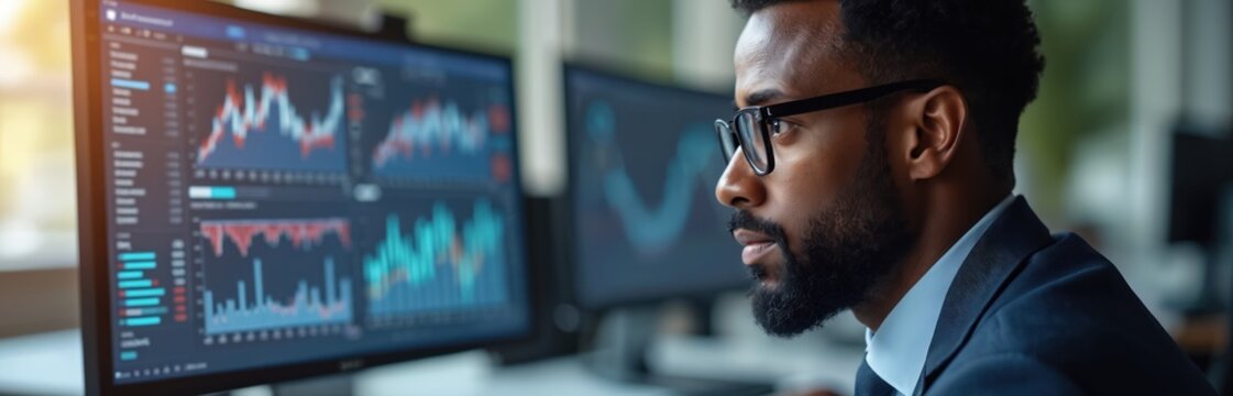 African American businessman analyzing digital financial charts at office desk. Professional examines income graphs and monetary indicators. Business growth, marketing concept. Success oriented pro.