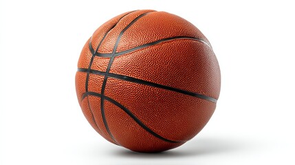 Fototapeta premium A close up shot of a textured orange basketball with black lines on a white background in studio lighting