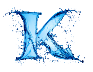 Water splash forming the letter K. Transparent background.