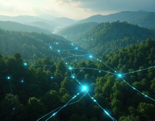 Digital networks interconnecting nature. Forest landscape with illuminated lines representing data flow. Tech integrates with nature. Concept eco-friendly tech solutions for sustainable future.
