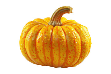 Obraz premium Carnival squash pumpkin with a green and cut slice stem isolated on white transparent background, great for autumn themes and decorations