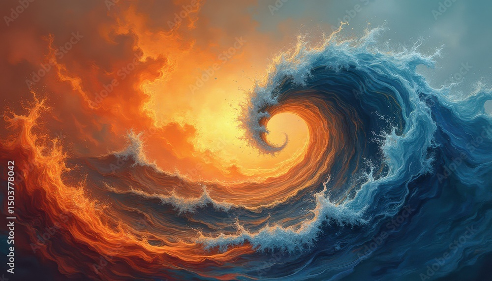 Poster dynamic contrast: a swirling vortex of fire and water unveiling raw power