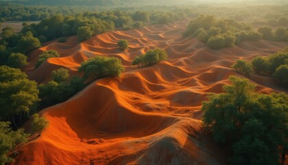 Aerial view of undulating orange landscape with scattered trees and a forest backdrop during the warm light of the day
