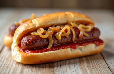 Juicy Boerewors roll with grilled sausage, onions, tomato sauce on a rustic wooden surface. South African traditional street food, tasty picnic snack, fast food.