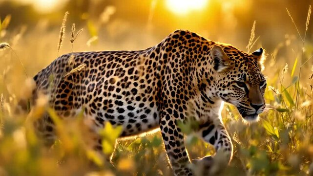 Leopard stealthily prowling through sunlit tall grass