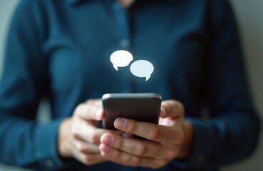 Person using smartphone sending text messages. Digital chat icons appear above phone. Concept of modern communication, online messaging, social media, mobile apps, connection, and digital interface.
