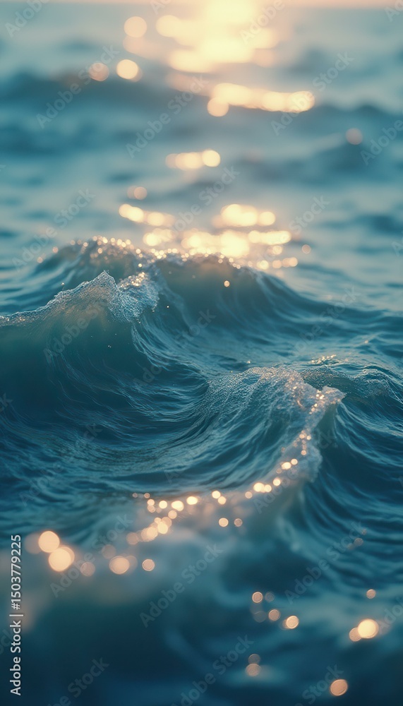 Poster serene sea waves glistening with sunlight, creating a mesmerizing display of water movement and refl