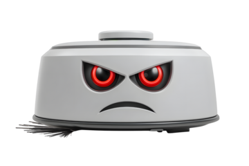 Angry robot vacuum cleaner with red eyes for home cleaning and maintenance on transparent background