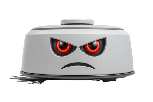 Angry robot vacuum cleaner with red eyes for home cleaning and maintenance on transparent background - Powered by Adobe
