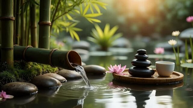 Tranquil Zen Garden with Bamboo Fountain and Stacked Stones