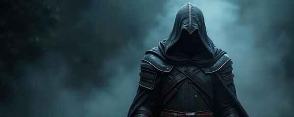 Obraz premium Mysterious figure assassin in hood medieval armor on black foggy background. Shadowy warrior character in gothic style. Dark medieval knight fantasy concept, warrior costume, eerie ambiance.
