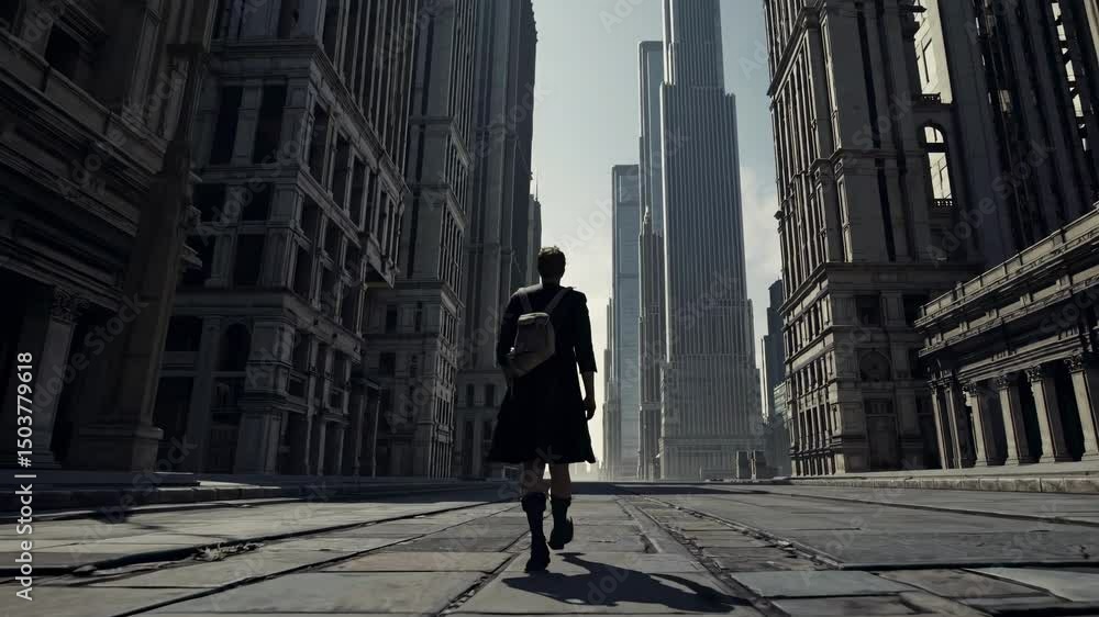 Poster futuristic cityscape with a floating structure. a lone figure stands on a vast, empty expanse. moder