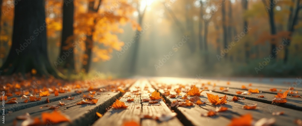 Aufkleber Autumn leaves scattered on a wooden boardwalk in a serene forest with sunbeams filtering through the trees