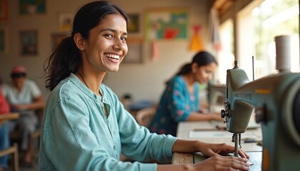 Smiling Indian woman works on sewing machine. Female tailor at work in workshop, creating clothes. Handmade production, garment industry. Positive expression, small business in village, dressmaking