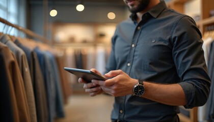 Retail employee using tablet clothing store. Man with beard checks online orders, managing inventory. Digital tech sale in boutique. E-commerce, shopping app, display clothes, fashion retail. Modern