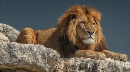 Naklejka premium A majestic lion resting on rocky terrain against a dark background under natural light conditions