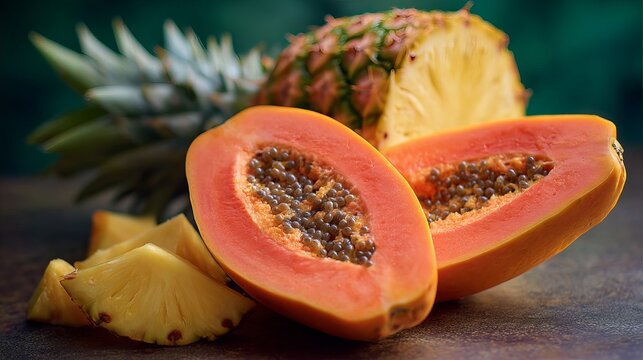 Still life of sliced papaya with seeds and pineapple on a dark surface with a blurred background