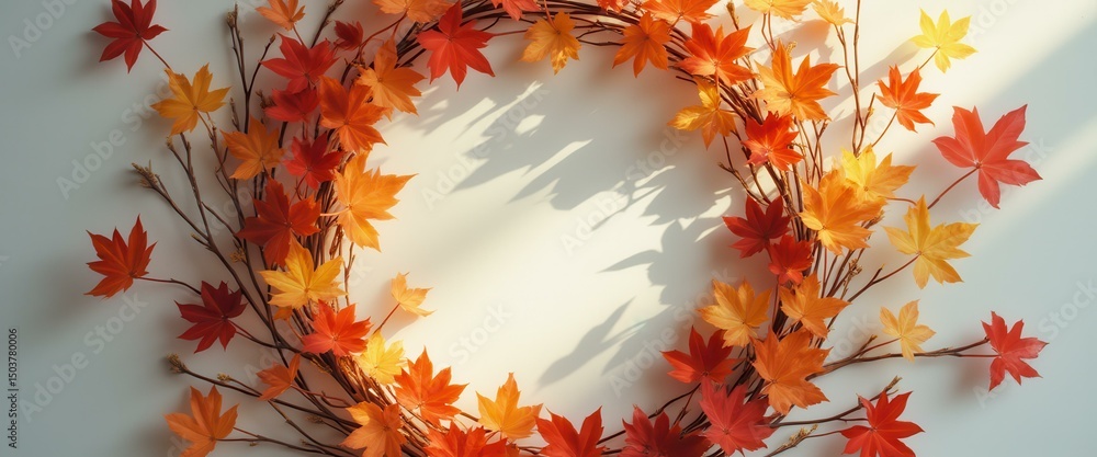 Poster autumnal wreath with colorful leaves creating a beautiful circle frame on white background