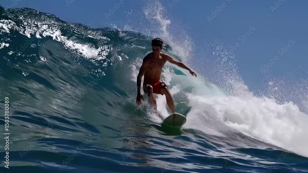Poster dynamic video still of a surfer riding a wave, captured from a low side angle, showcasing action and