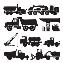 Industrial vehicles silhouettes , black silhouettes isolated on white background