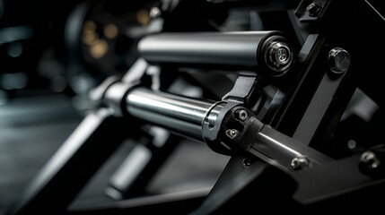 Close up of a mechanical assembly with metal rods and bolts in a dark environment setting