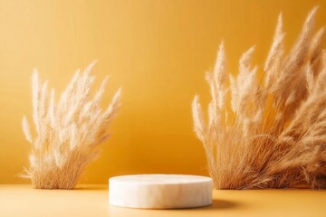 Autumn yellow pedestal and stand mock up with pampas grass on brown or yellow background, copy space,