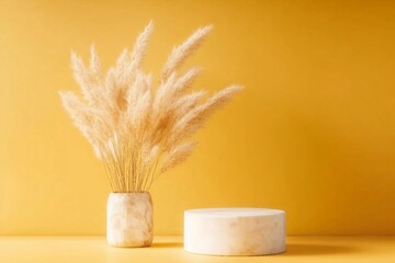 Autumn yellow pedestal and stand mock up with pampas grass on brown or yellow background, copy space,