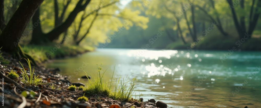 Aufkleber tranquil stream with greenery and sunlight dappling on water, forest background