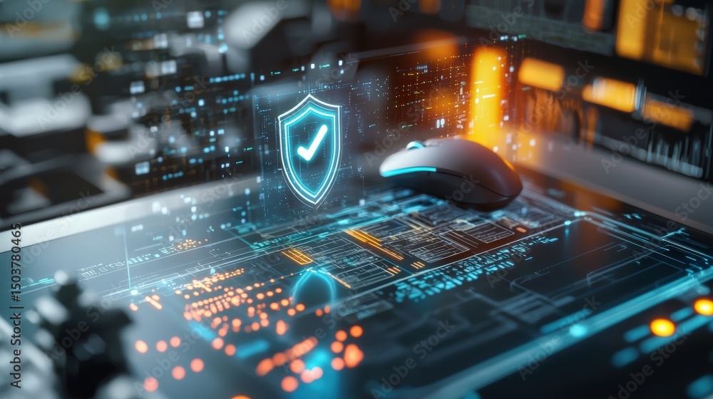 Poster digital security action virtual workspace graphic visualization high-tech environment close-up persp
