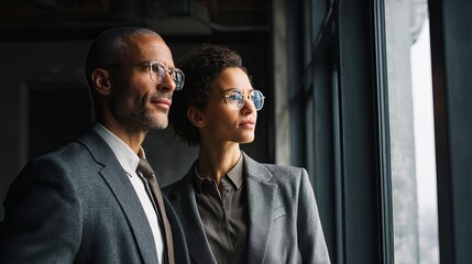 Business colleagues in suits looking out of a window with a thoughtful expression on their faces indoors