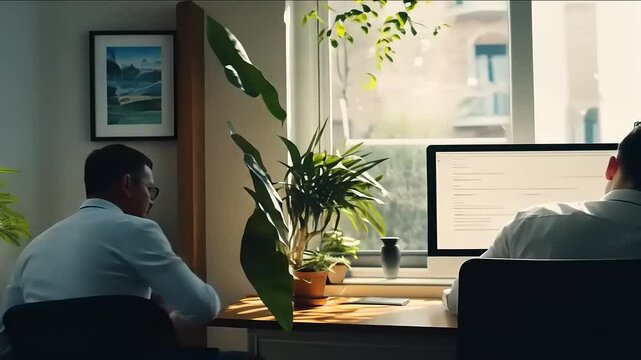 A person working intently at a desk in a sunlit room filled with plants and a view of nature outside