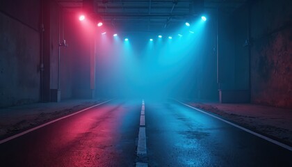 Empty, dark roadway lit neon lights. Dimly lighted tunnel with spotlights, blue and red colors. Asphalt floor, interior texturing. Artistic composition for concert stage, show background.