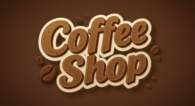3D typography vector illustration for Coffee Shop and Coffee Day, featuring coffee beans and a mug icon.