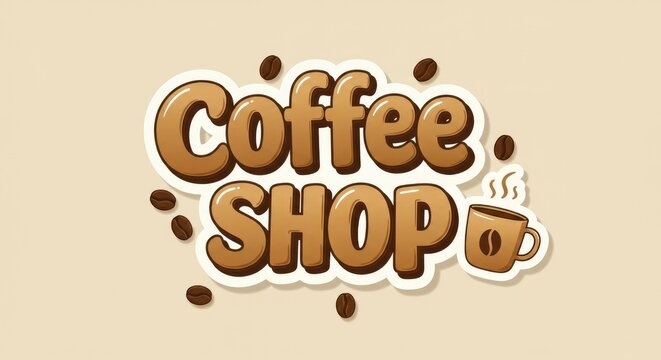 3D typography vector illustration for Coffee Shop and Coffee Day, featuring coffee beans and a mug icon.