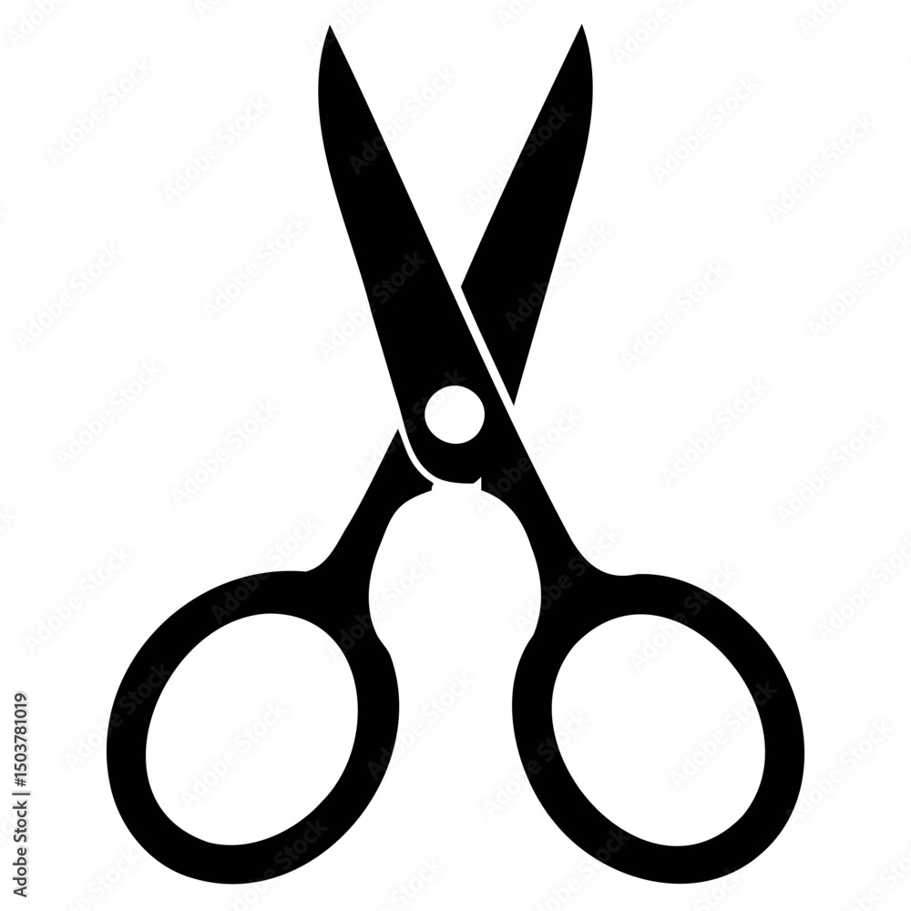 Poster silhouette of open scissors with circular handles and sharp blades on a white background design tool