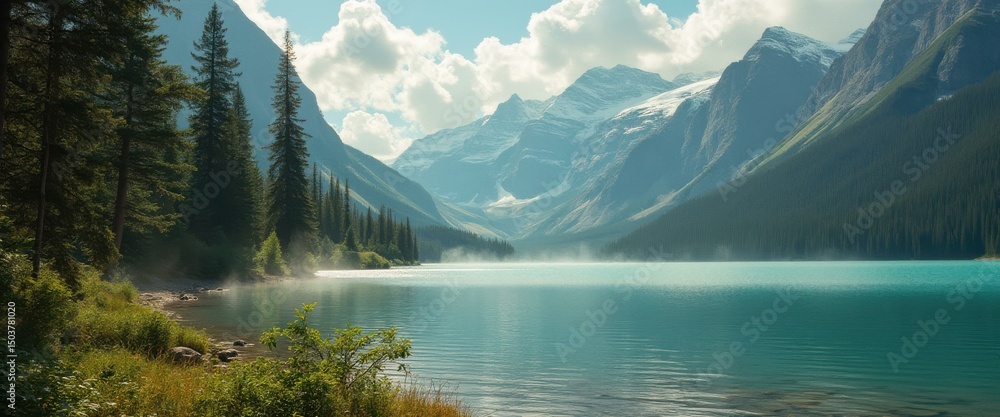 Poster tranquil turquoise lake mirroring snow-capped mountains and lush forests under a bright, partially c