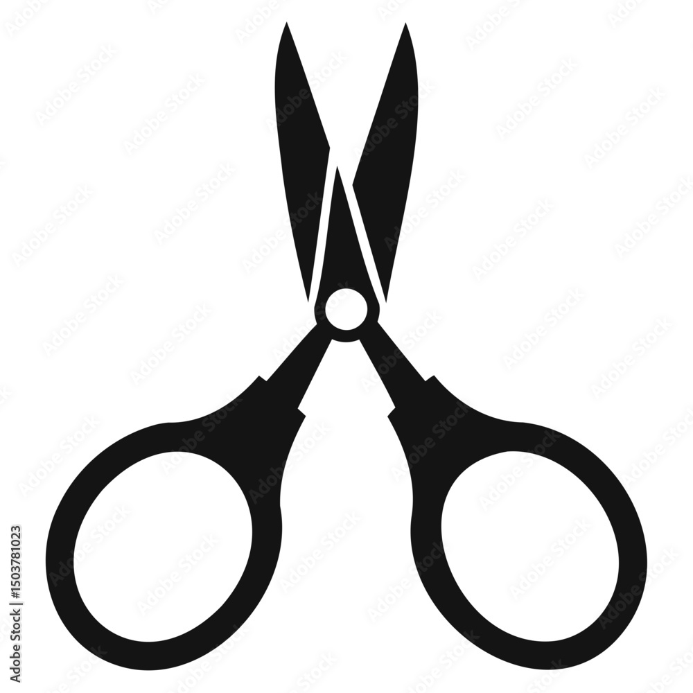 Poster silhouette of open scissors with sharp blades and circular handles on a white background image view