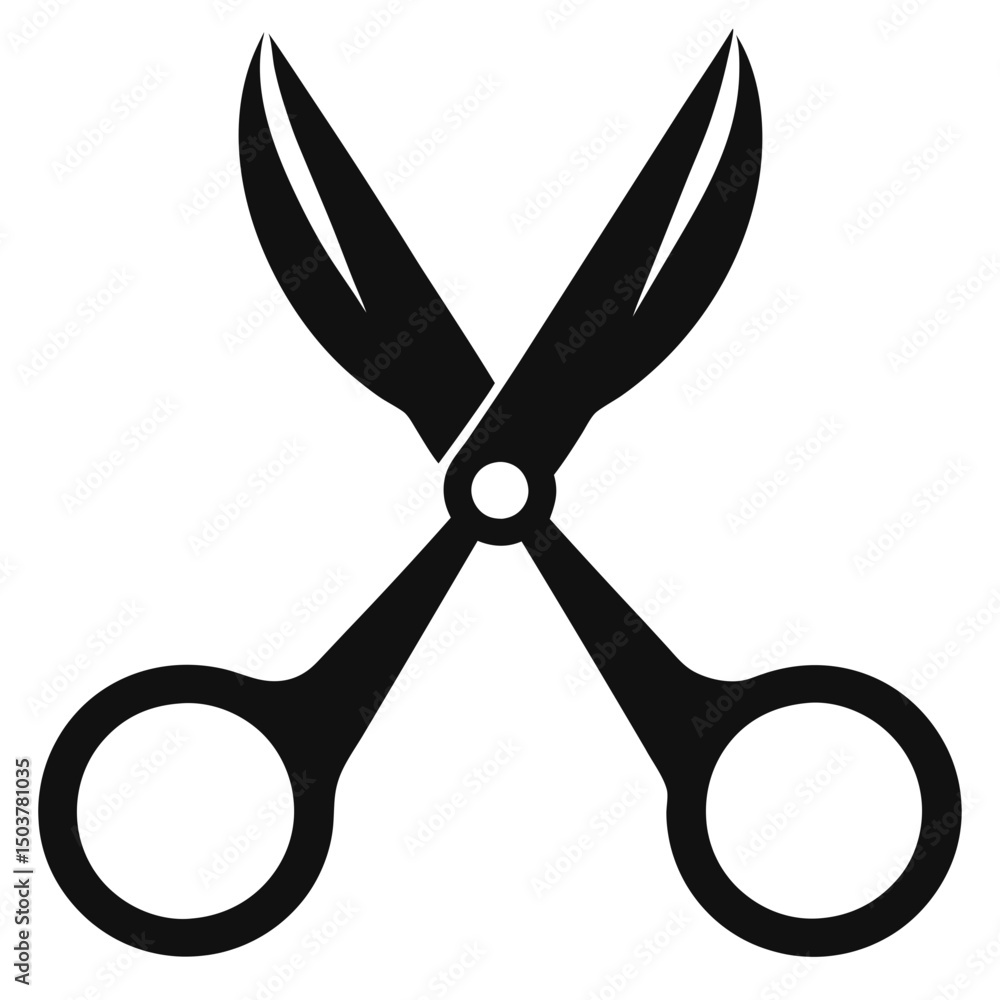 Poster a solid black silhouette of open scissors with rounded handles and pointed blades on a white backgro