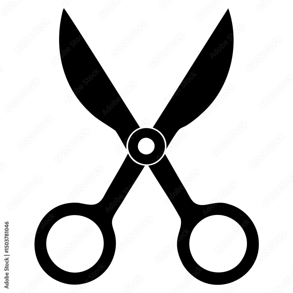 Aufkleber silhouette of open scissors with circular handles and blades crossing at the center point on white