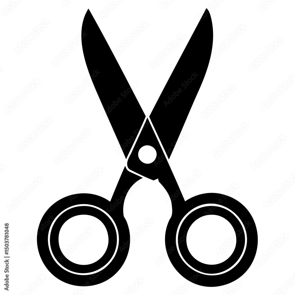 Aufkleber silhouette of black scissors with open blades and round handles on a white background tool