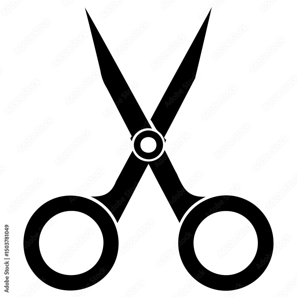 Poster a black and white image showing a pair of open scissors with circular handles and pointed blades cut