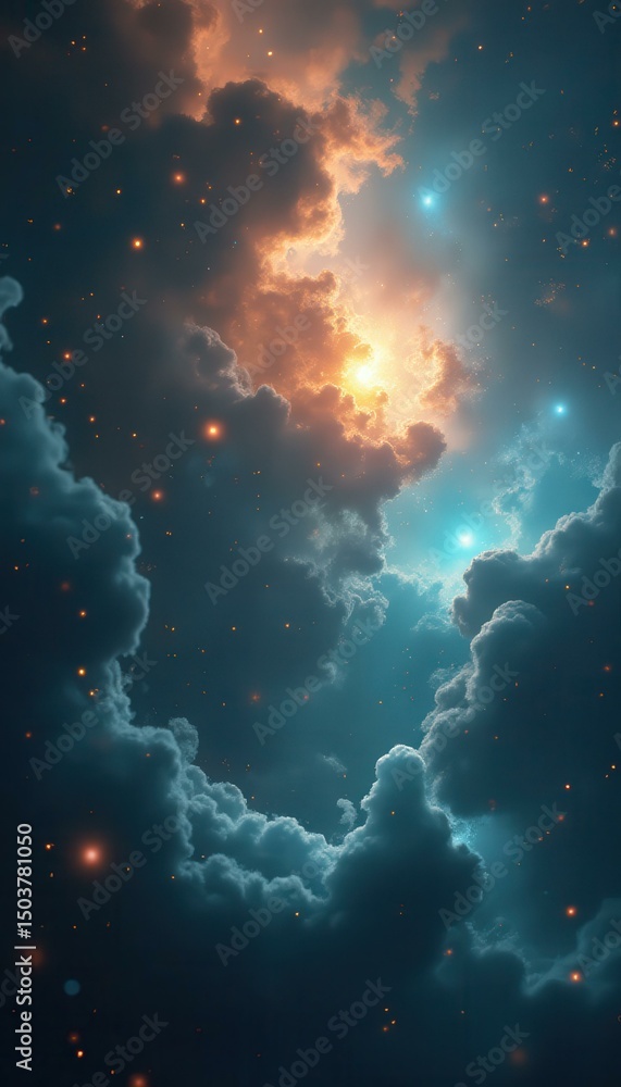 Aufkleber Dramatic Sky with Fiery Clouds and Celestial Light Display - A Cosmic Tapestry of Colors and Textures