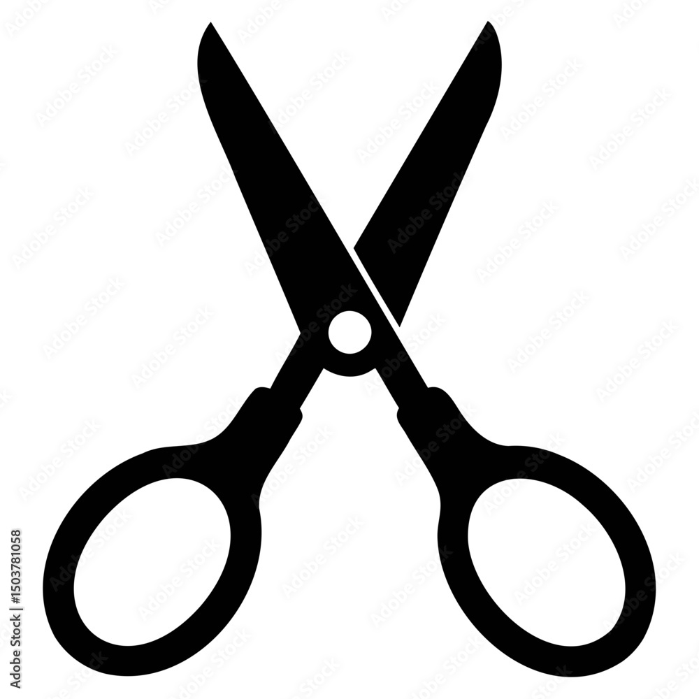 Poster a simple black and white vector illustration of a pair of open scissors with oval handles and pivot 