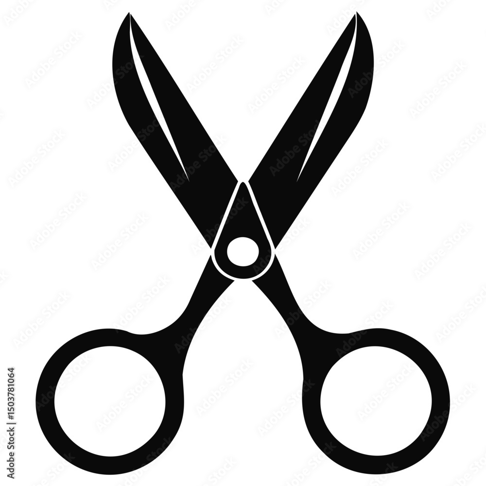 Poster a graphic representation of open black scissors with circular handles on a white background design e
