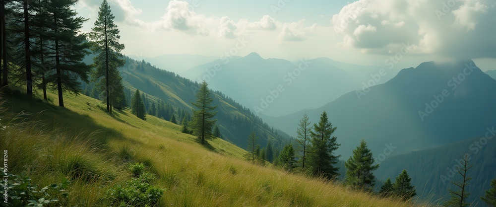 Poster rolling hills and mountain range landscape with soft sunlight and scattered trees