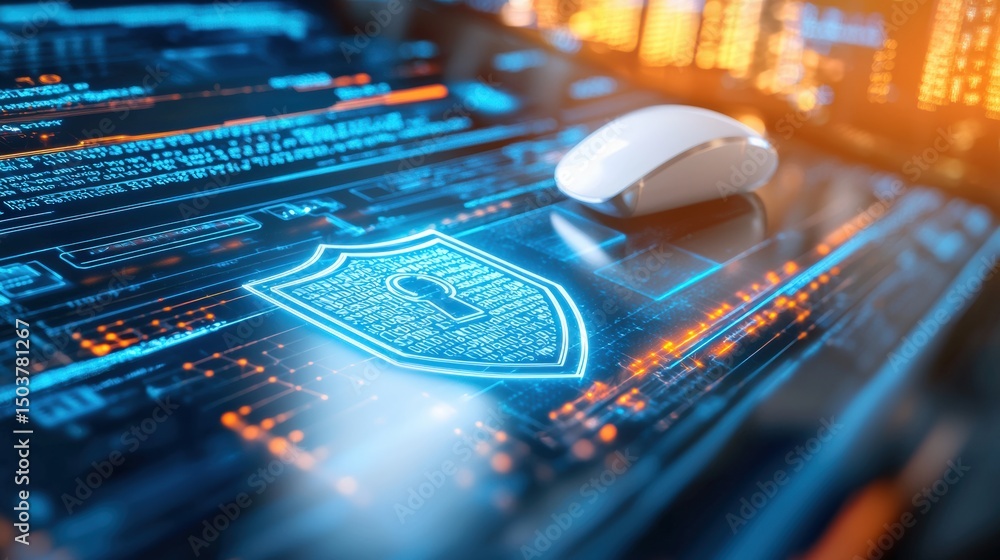 Poster cybersecurity measures digital workspace data protection content high-tech environment close-up view