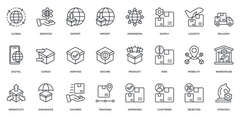 Global Distribution icon set. Containing distribution, services, export, import, expansion, digital, cargo, logistic, delivery. Outline style