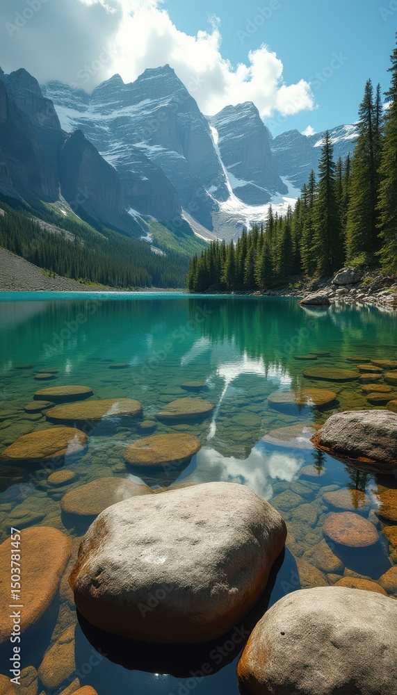 Poster crystal-clear turquoise lake reflecting towering mountain peaks in a pristine wilderness setting
