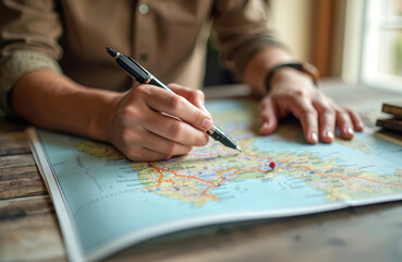 Tourist planning travel route reading road map. Man explores journey with pen, checks landmarks. Travel adventure planning for vocation long weekend holidays. Travel destination, planning, tourism,